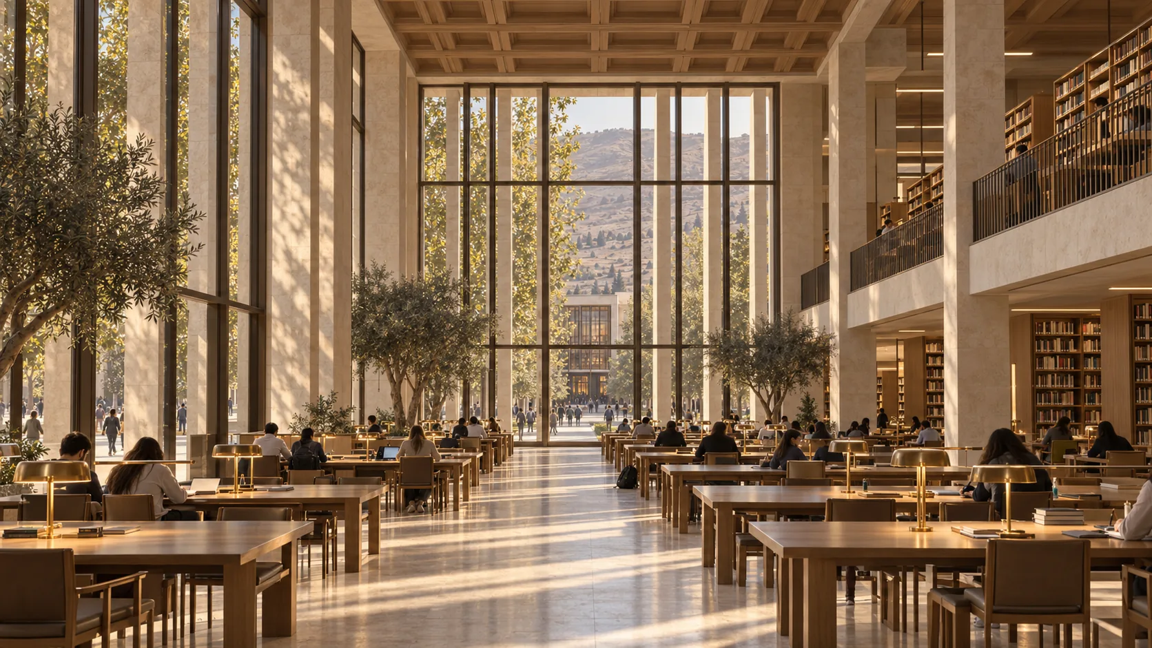 Concept: the library reading room — a double-height hall in limestone and oak, long tables with brass lamps, mezzanine stacks, tall windows onto the spine