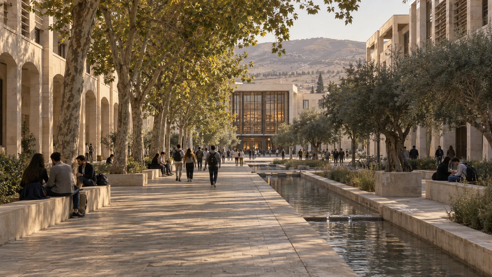 Concept: the shaded spine — plane and olive trees over a stone avenue between limestone faculties with arcades, students walking and sitting, the library glowing at the end