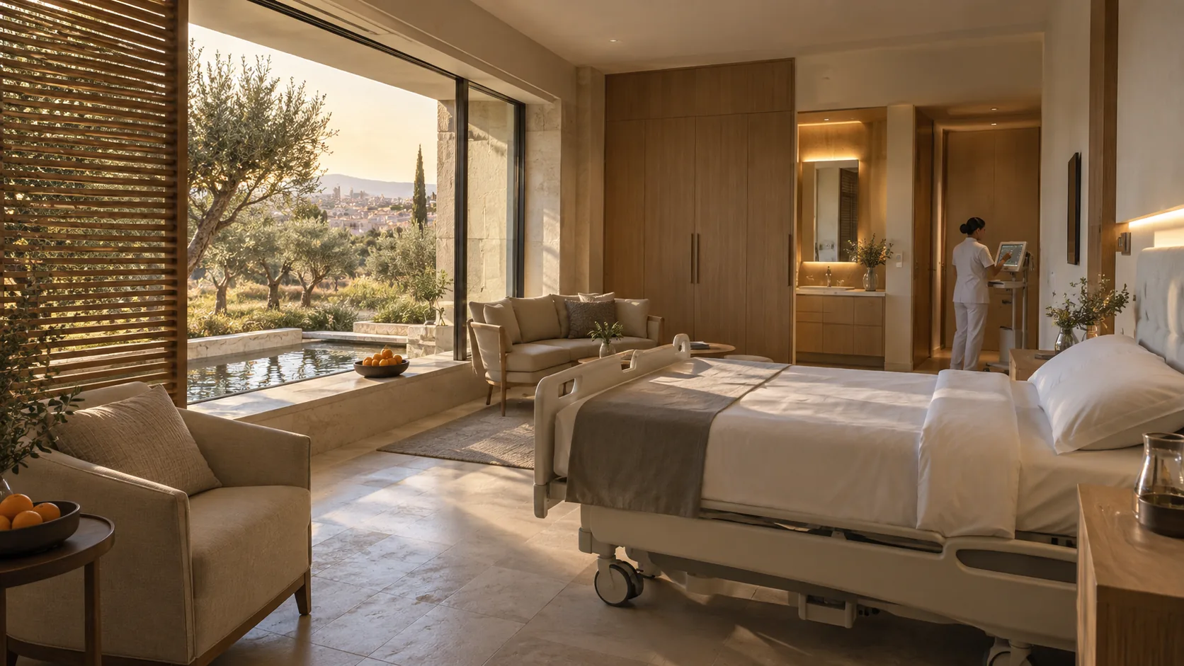 Concept: a single patient room — oak and pale plaster, a loggia opening onto the healing garden, family seating, a nurse at a distance