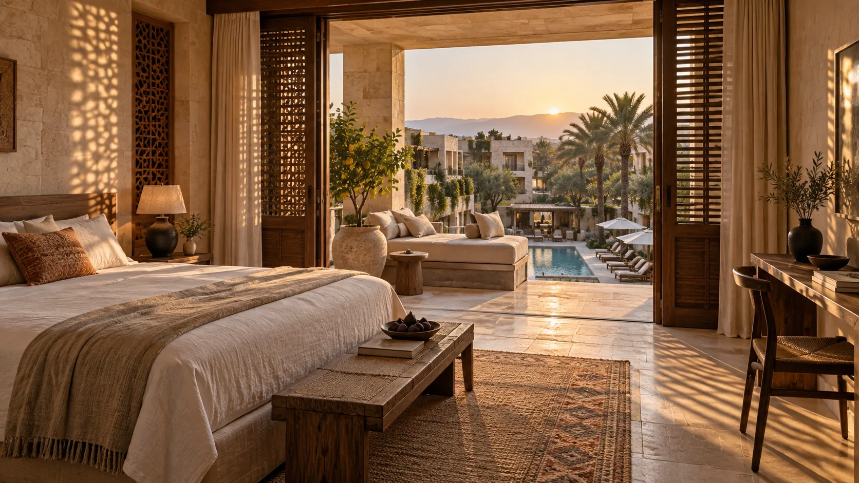Concept: a guest room — limestone and walnut, mashrabiya light on the floor, a linen bed, the loggia open to the pool courtyard and palms at sunset