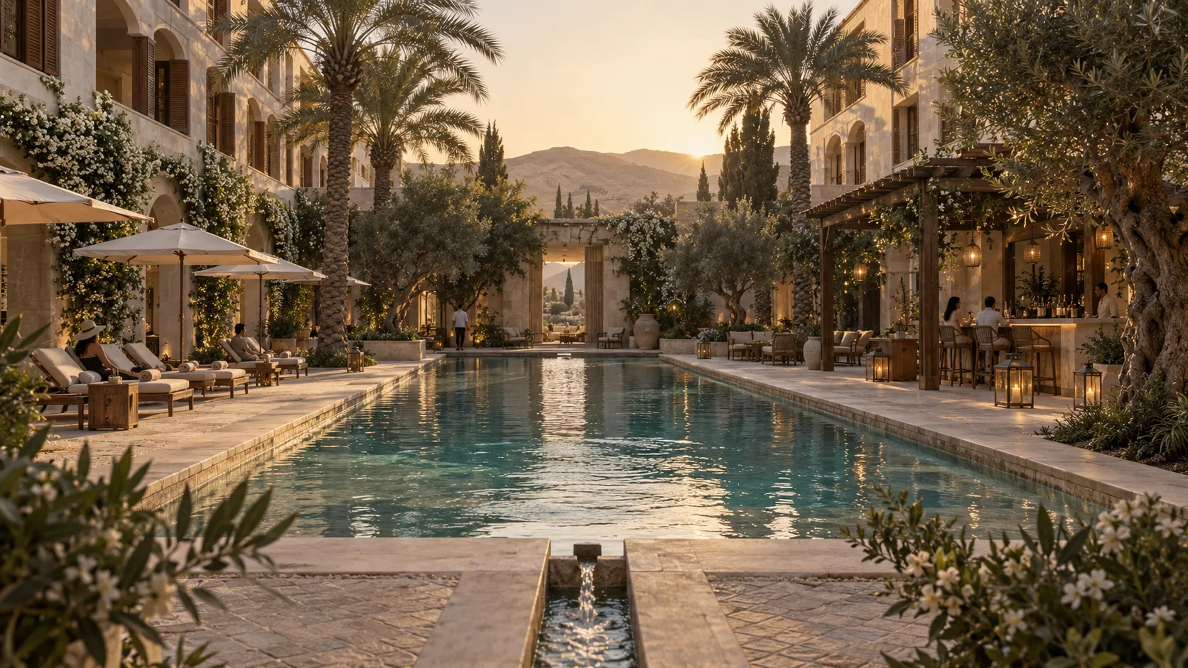 Concept: the pool courtyard — a long pool between limestone wings with loggias, palms and olive trees, a pergola bar, lanterns at dusk, the hills through the arch