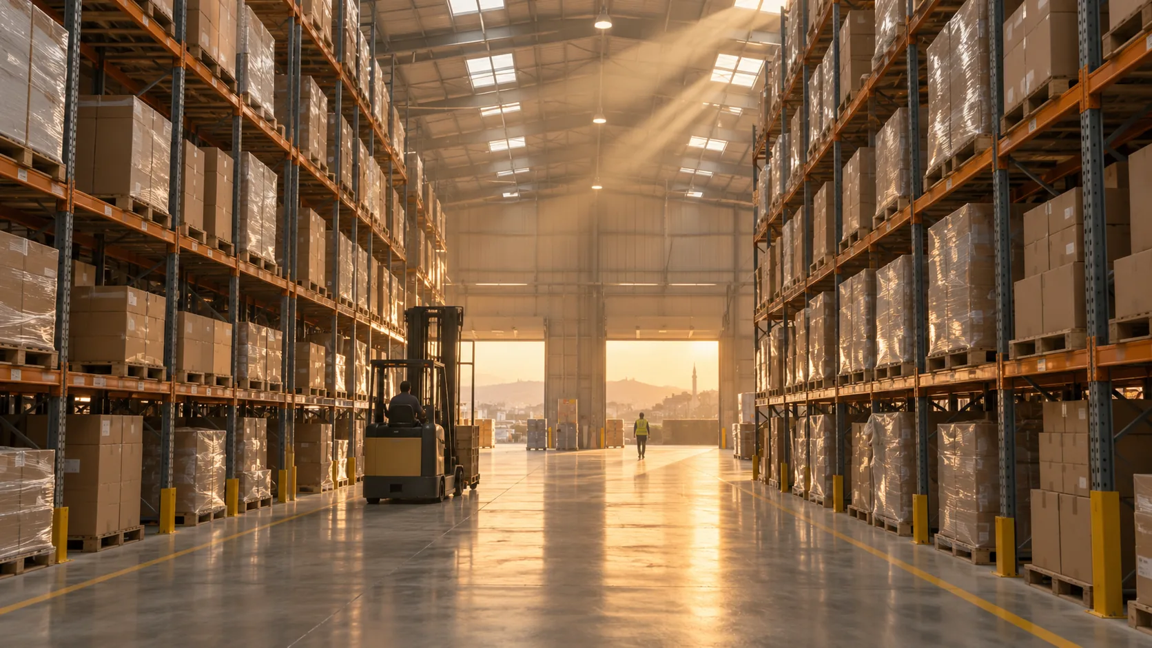 Concept: inside the hall — 12.5 m clear height, four-level racking, skylights, a forklift in the central aisle and the dock doors open to the yard