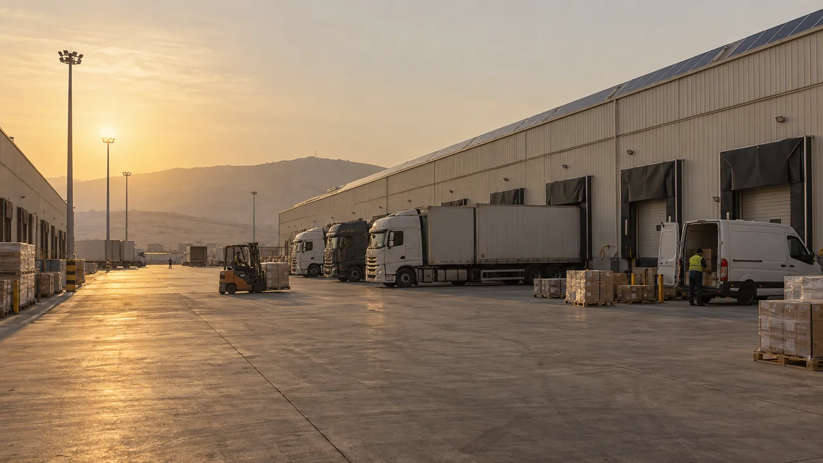 Concept: the shared truck yard at golden hour — dock doors, trucks unloading, a van being loaded, solar panels along the roof edge