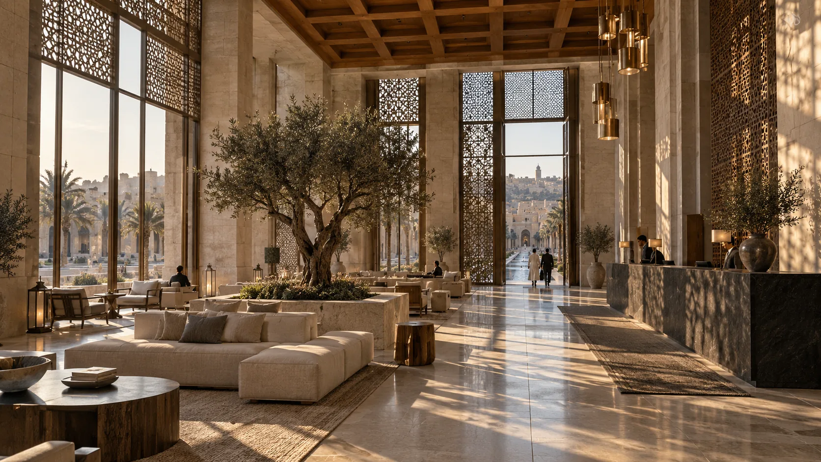 Concept: the hotel lobby — double-height limestone and walnut, mashrabiya screens casting patterns, an olive tree at the centre, the plaza and water channel beyond