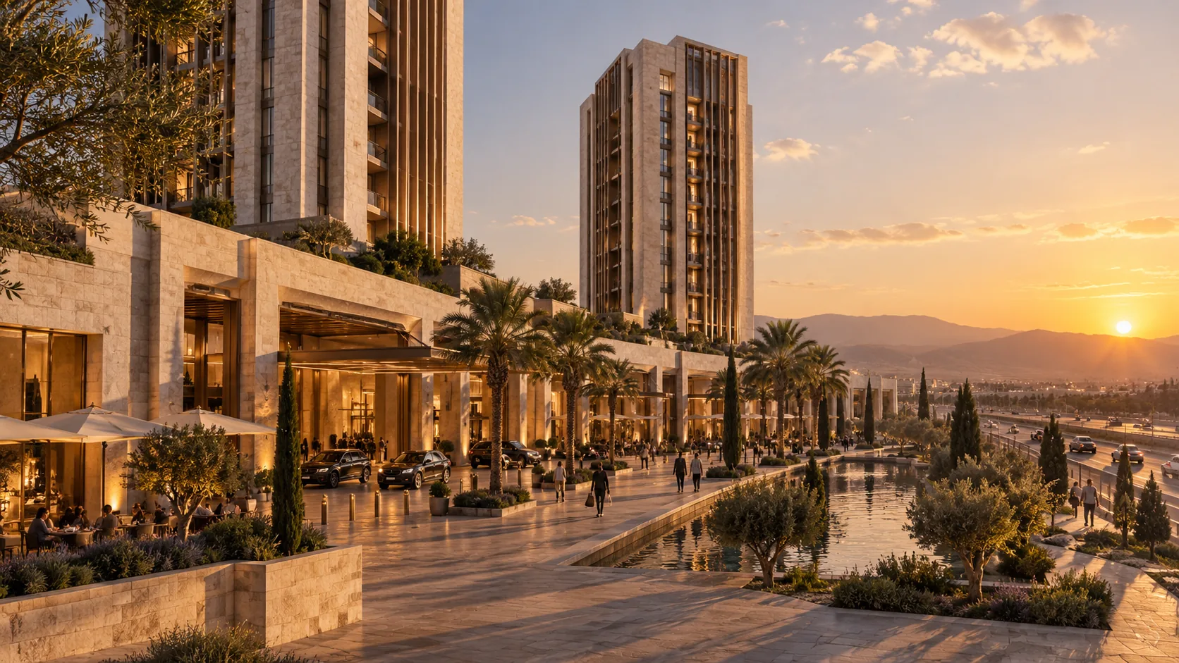 Concept: the arrival plaza — two limestone towers on a stone podium, arcades, a reflecting water channel, palms and the hotel drop-off at golden hour