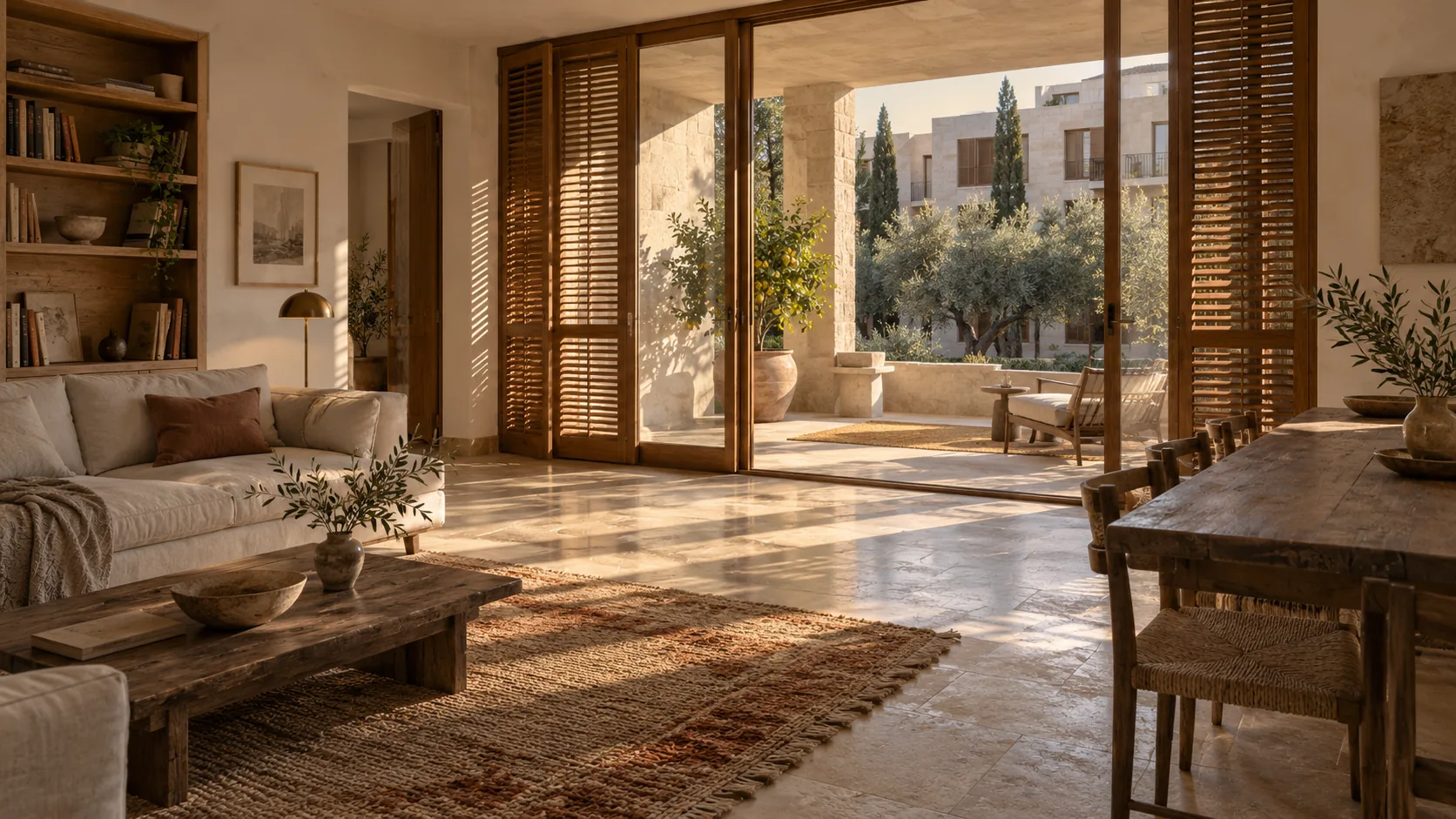 Concept: inside a three-bedroom apartment — stone floor, wooden shutters, a deep loggia opening onto the courtyard trees