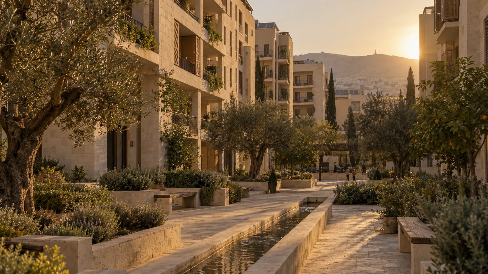 Concept: inside a courtyard — limestone façades with loggias and shutters, olive and citrus trees, a stone water channel, children playing