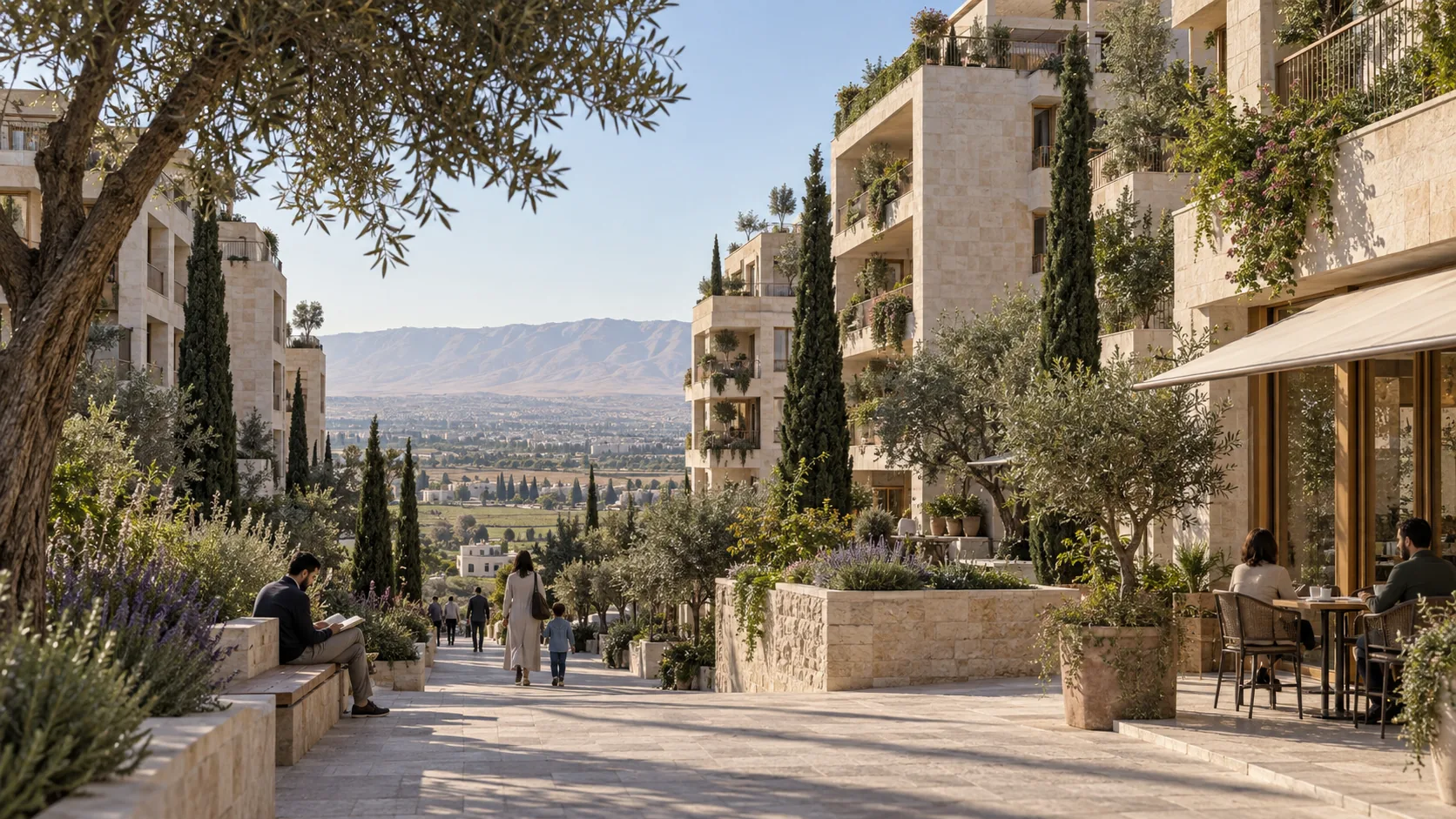Concept: the garden spine — a shaded pedestrian street between limestone blocks with planted terraces, a café, families walking, the plain and hills beyond