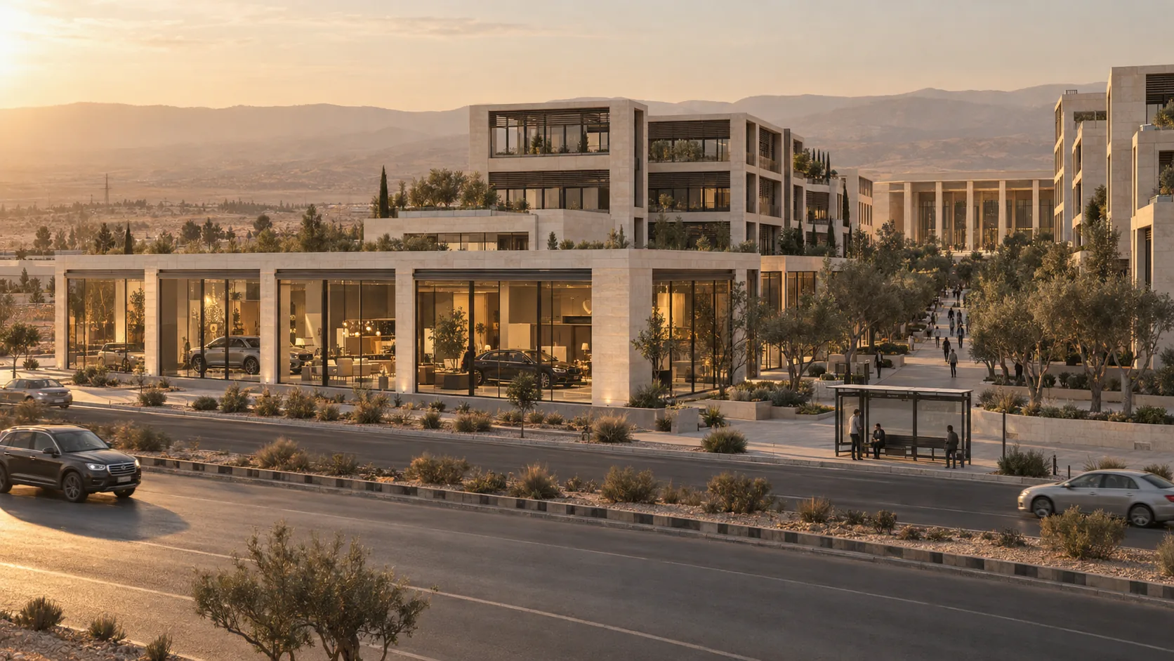 Concept: the highway frontage — glazed showrooms in limestone piers, office courts with planted terraces behind, the shaded street and the conference hall colonnade at the end