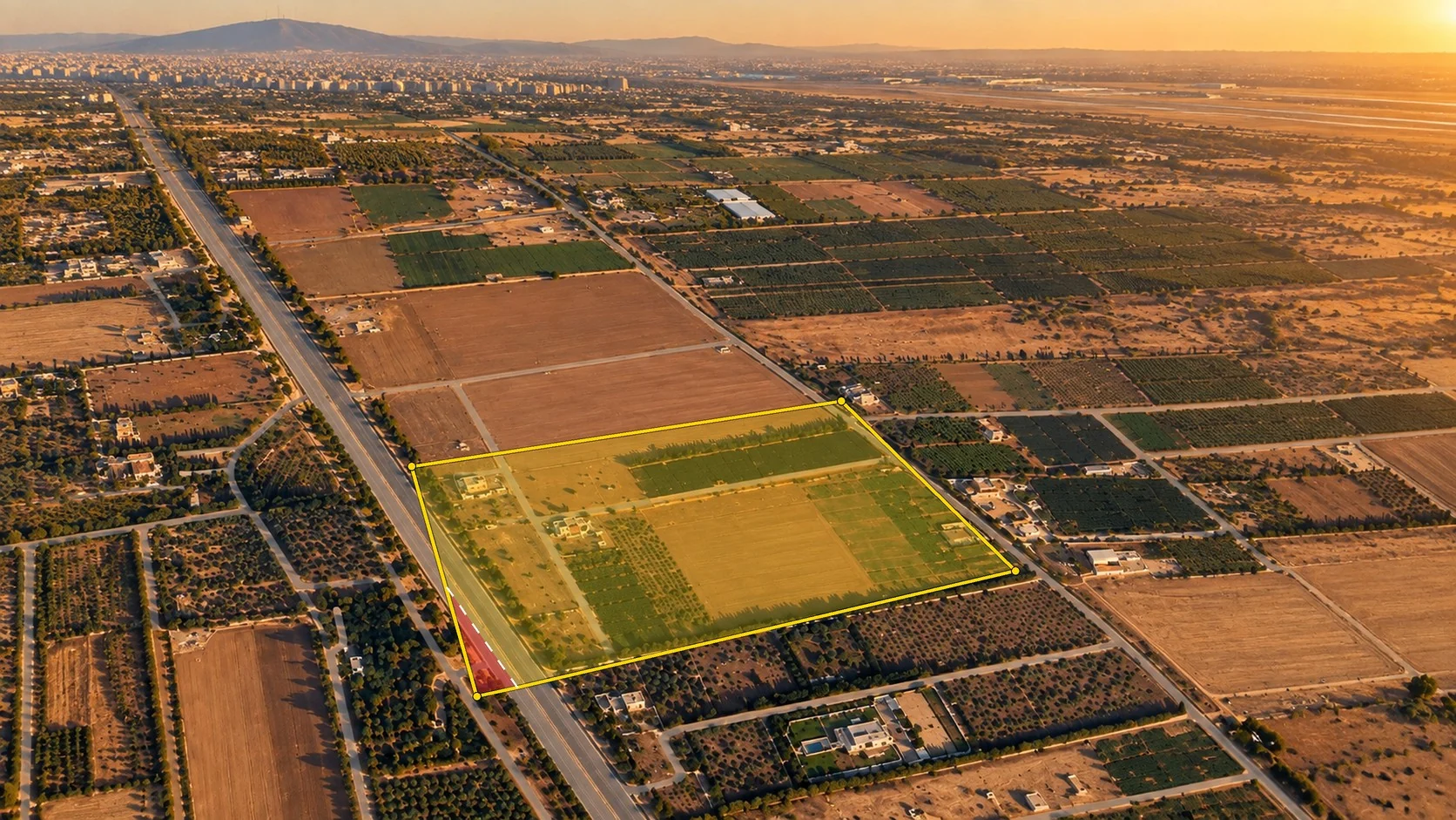 Labelled aerial view of the Property No. 14 landholding beside the Damascus airport highway corridor